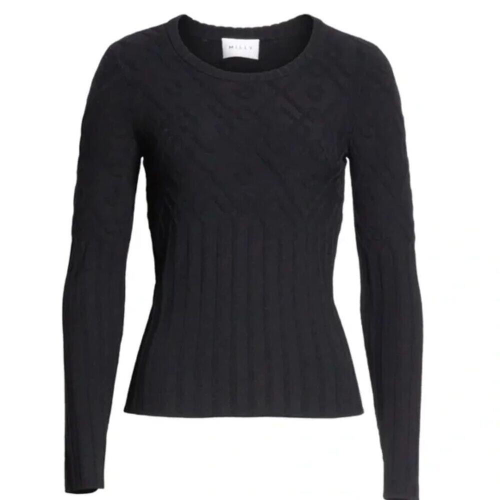 Black Geometric Textured Knit Fitted Crew Neck Sweater Long Sleeve Milly Small